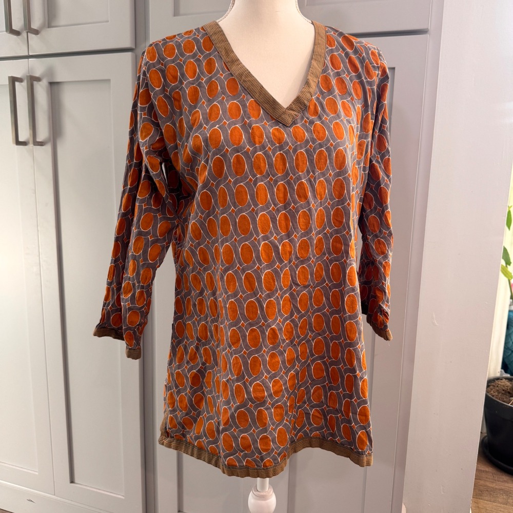 Gretchenā Scott Orange Grey Geometric Cotton V-Neck Tunic Top Womens Medium